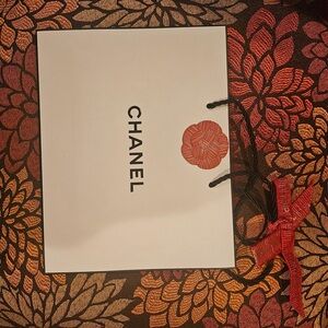 CHANEL White Gift Bag with Black Logo and Red Camellia Accent